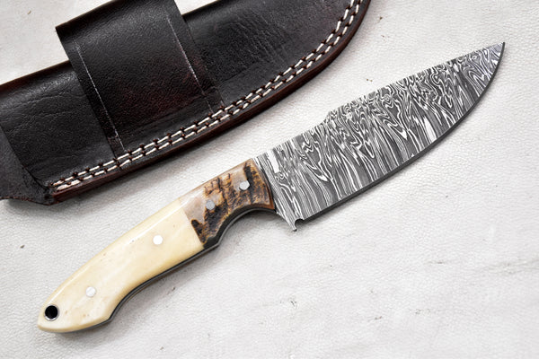 T263-Custom Hand Forged Damascus Steel Fixed Blade Camping Knife with Camel Bone & Rams Horn Handle | Handmade | Leather Sheath