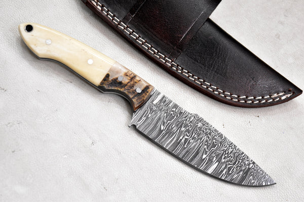 T263-Custom Hand Forged Damascus Steel Fixed Blade Camping Knife with Camel Bone & Rams Horn Handle | Handmade | Leather Sheath