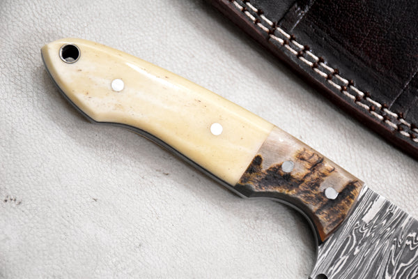 T263-Custom Hand Forged Damascus Steel Fixed Blade Camping Knife with Camel Bone & Rams Horn Handle | Handmade | Leather Sheath