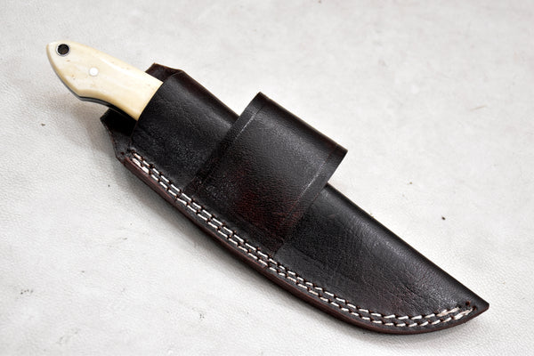 T263-Custom Hand Forged Damascus Steel Fixed Blade Camping Knife with Camel Bone & Rams Horn Handle | Handmade | Leather Sheath