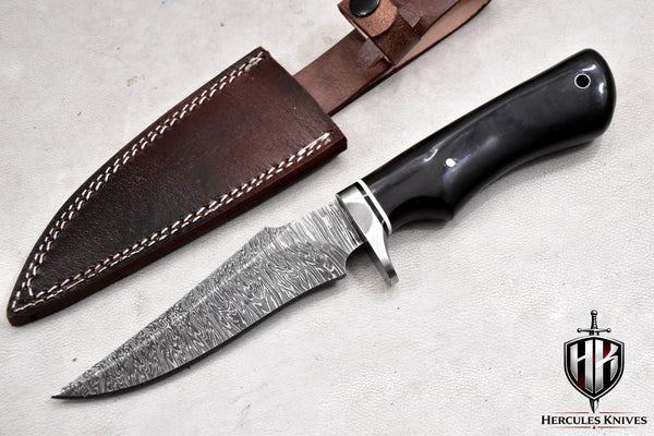 T264-Custom Hand Forged Damascus Steel Fixed Blade Camping Hunting Knife with Horn Handle | Handmade | Leather Sheath
