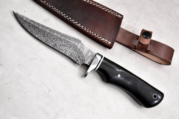 T264-Custom Hand Forged Damascus Steel Fixed Blade Camping Hunting Knife with Horn Handle | Handmade | Leather Sheath