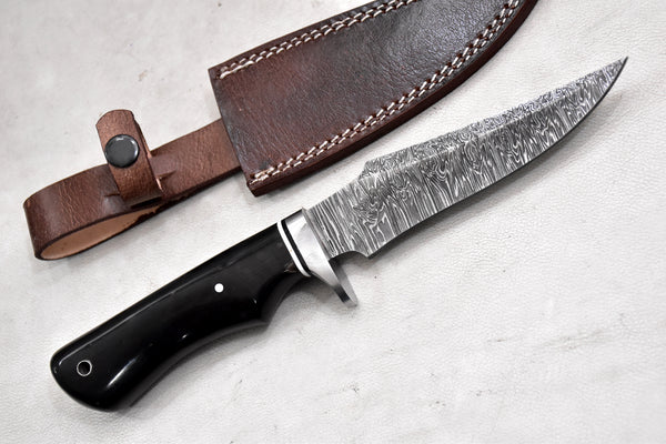 T264-Custom Hand Forged Damascus Steel Fixed Blade Camping Hunting Knife with Horn Handle | Handmade | Leather Sheath