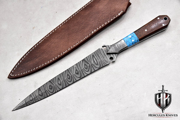 T265-Custom Hand Forged Damascus Steel Dagger Hunting Knife with Walnut Handle | Handmade | Leather Sheath