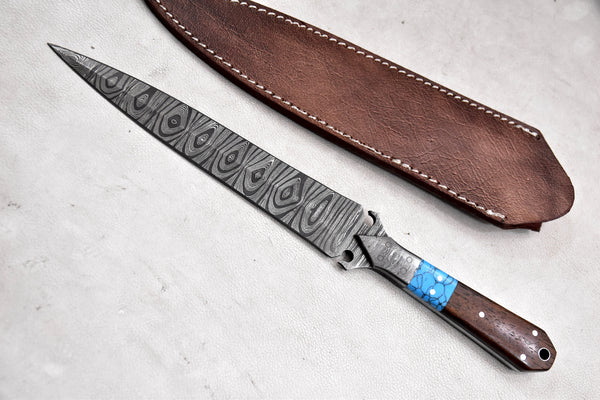 T265-Custom Hand Forged Damascus Steel Dagger Hunting Knife with Walnut Handle | Handmade | Leather Sheath