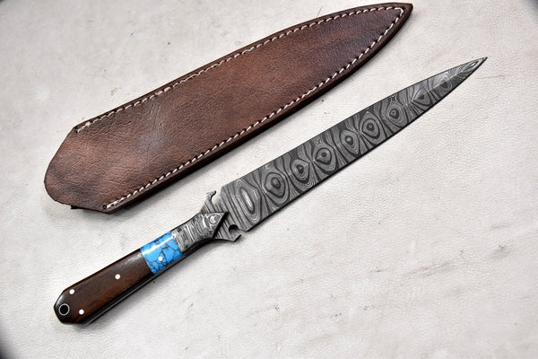 T265-Custom Hand Forged Damascus Steel Dagger Hunting Knife with Walnut Handle | Handmade | Leather Sheath