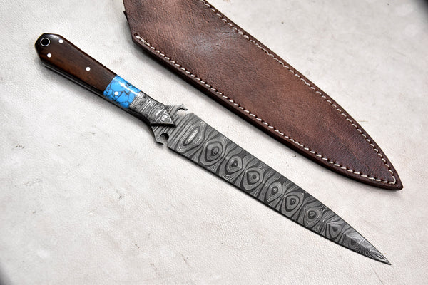 T265-Custom Hand Forged Damascus Steel Dagger Hunting Knife with Walnut Handle | Handmade | Leather Sheath