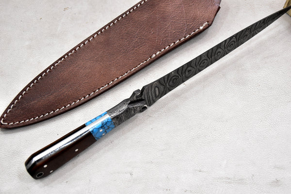 T265-Custom Hand Forged Damascus Steel Dagger Hunting Knife with Walnut Handle | Handmade | Leather Sheath