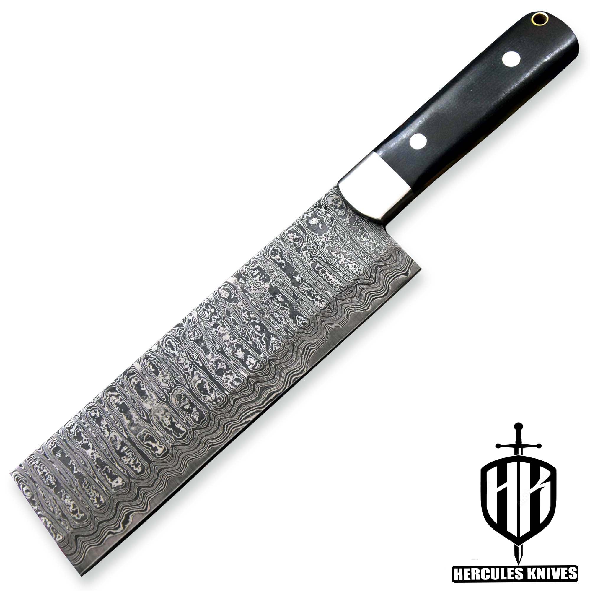 Hercules Custom Hand Forged Damascus Steel Nakiri Knife Chef Knife Fixed Blade Kitchen Knife G-10 Micarta Handle With Leather Sheath Handmade