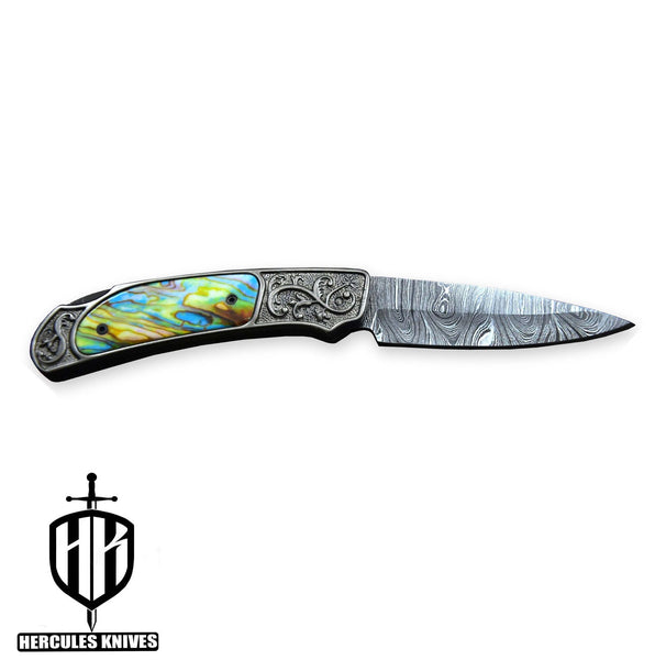 Custom Hand Forged Damascus Steel PVD Black Grey Coating Folding Knife Handmade Camel Bone Red Indian 3D Wax Laser Printing Handle