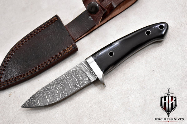 T257-Custom Hand Forged Damascus Steel Camping Knife with Horn Handle | Handmade | Leather Sheath
