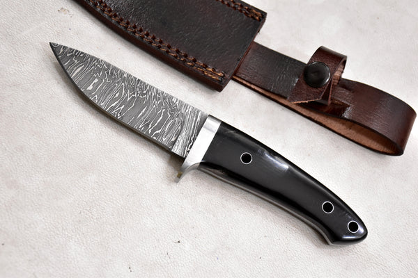 T257-Custom Hand Forged Damascus Steel Camping Knife with Horn Handle | Handmade | Leather Sheath