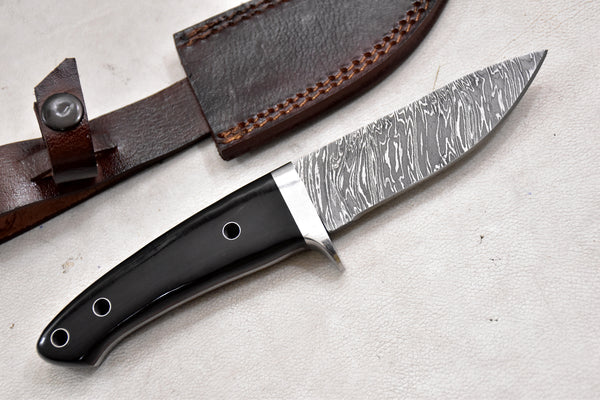 T257-Custom Hand Forged Damascus Steel Camping Knife with Horn Handle | Handmade | Leather Sheath