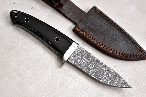 T257-Custom Hand Forged Damascus Steel Camping Knife with Horn Handle | Handmade | Leather Sheath