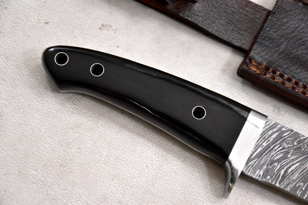 T257-Custom Hand Forged Damascus Steel Camping Knife with Horn Handle | Handmade | Leather Sheath