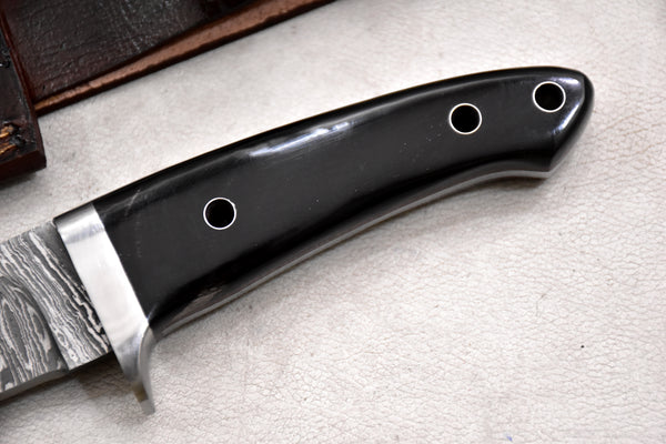 T257-Custom Hand Forged Damascus Steel Camping Knife with Horn Handle | Handmade | Leather Sheath
