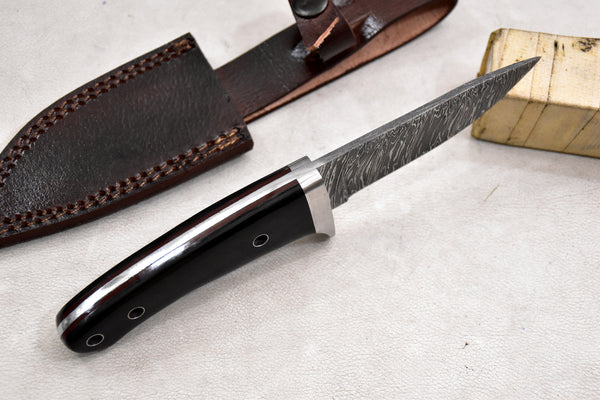 T257-Custom Hand Forged Damascus Steel Camping Knife with Horn Handle | Handmade | Leather Sheath