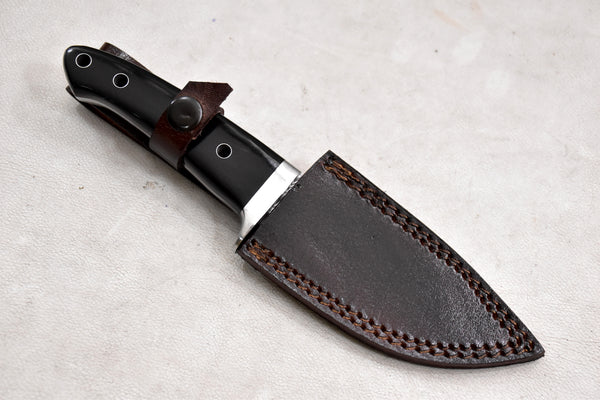 T257-Custom Hand Forged Damascus Steel Camping Knife with Horn Handle | Handmade | Leather Sheath