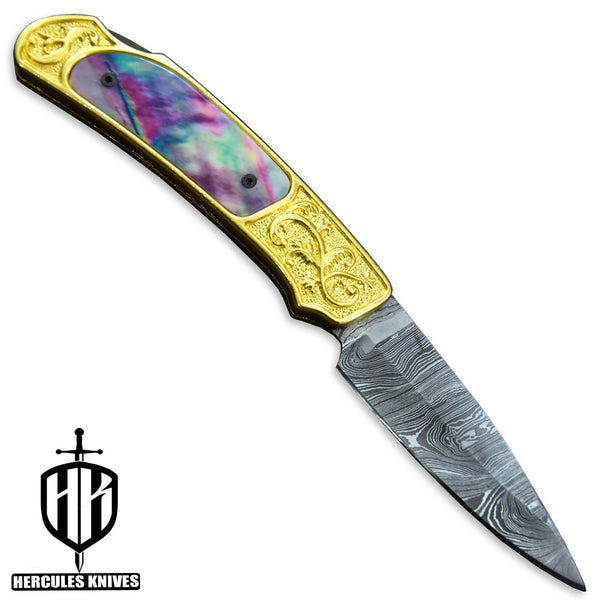 Custom Hand Forged Damascus Steel 24K Gold Plated Folding Knife Handmade With Camel Bone 3D Wax Laser Printing Handle