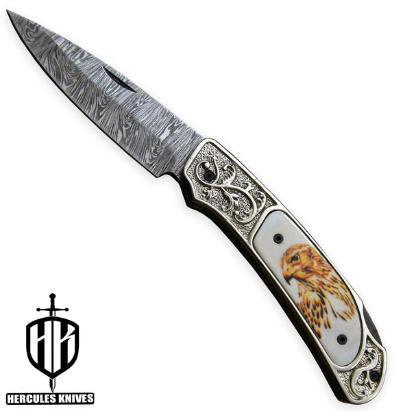 Custom Hand Forged Damascus Steel Folding Knife White Copper PVD Wax Coating American Eagle Handle