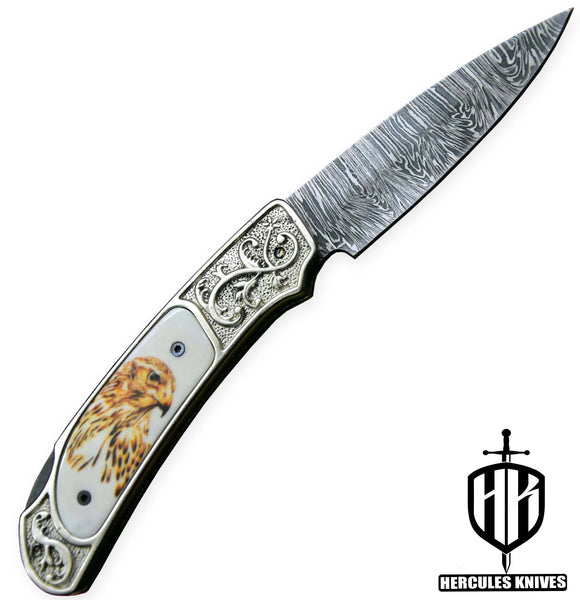 Custom Hand Forged Damascus Steel Folding Knife White Copper PVD Wax Coating American Eagle Handle