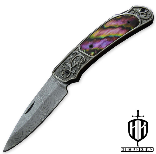 Custom Hand Forged Damascus Steel PVD Black Grey Coating Folding Knife Handmade Camel Bone Red Indian 3D Wax Laser Printing Handle