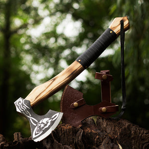 Custom 1095 High Carbon Steel Viking Axe -Tomahawk Hunting Knife Beautiful Etched Design Ashwood Handle With Leather Strap, Leather Sheath For Head Safety