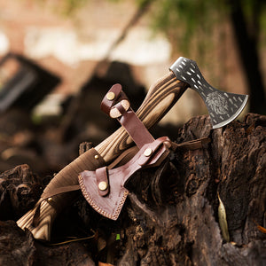 Custom 1095 High Carbon Steel Axe -Tomahawk Hunting Knife Beautiful Etched Design Ashwood Handle With Leather Strap, Leather Sheath For Head Safety