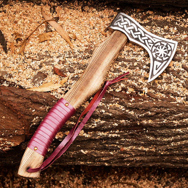 Custom 1095 High Carbon Steel Viking Axe -Tomahawk Hunting Knife Beautiful Etched Bearded Ashwood Handle With Leather Strap, Leather Sheath For Head Safety