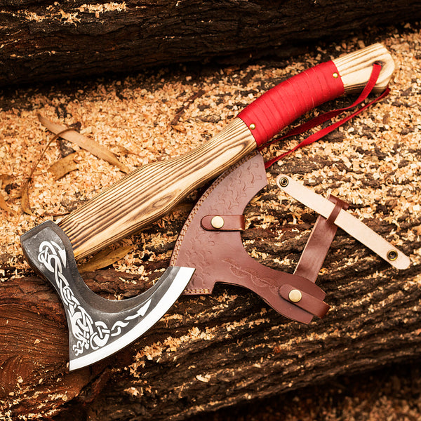 Custom 1095 High Carbon Steel Viking Axe -Tomahawk Hunting Knife Beautiful Etched Bearded Ashwood Handle With Leather Strap, Leather Sheath For Head Safety