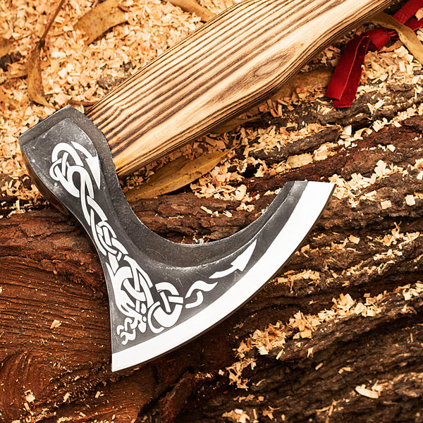 Custom 1095 High Carbon Steel Viking Axe -Tomahawk Hunting Knife Beautiful Etched Bearded Ashwood Handle With Leather Strap, Leather Sheath For Head Safety