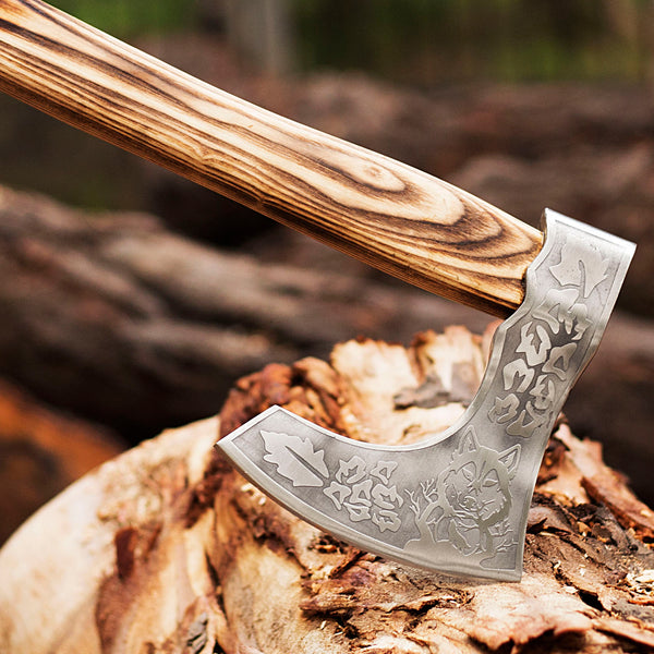 Custom 1095 High Carbon Steel Viking Axe -Tomahawk Hunting Knife Beautiful Etched Bearded Ashwood Handle With Leather Strap, Leather Sheath For Head Safety
