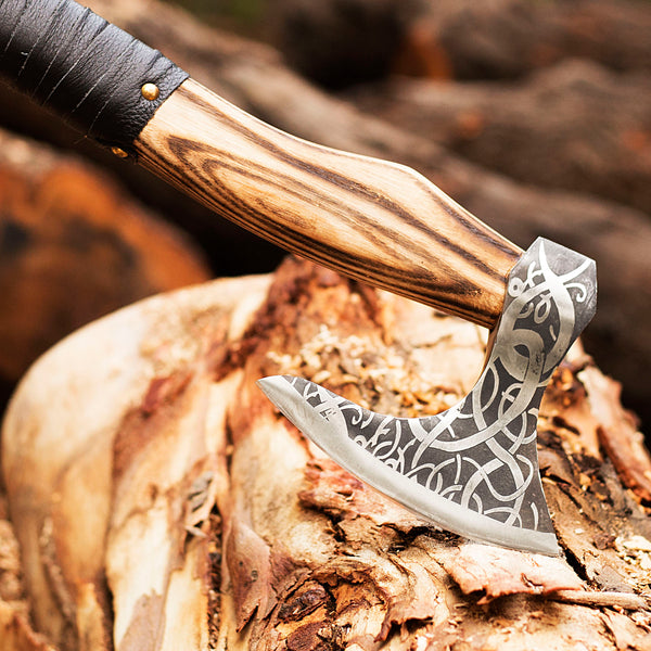 Custom 1095 High Carbon Steel Viking Axe -Tomahawk Hunting Knife Beautiful Etched Bearded Ashwood Handle With Leather Strap, Leather Sheath For Head Safety