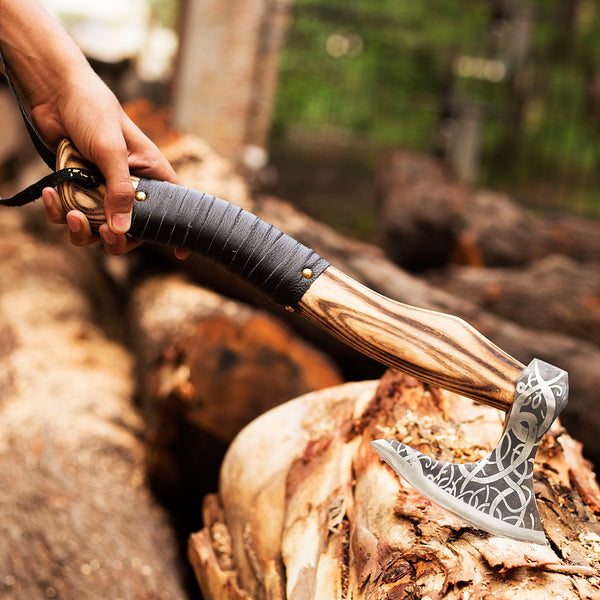 Custom 1095 High Carbon Steel Viking Axe -Tomahawk Hunting Knife Beautiful Etched Bearded Ashwood Handle With Leather Strap, Leather Sheath For Head Safety