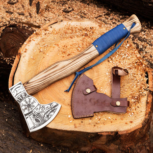Custom 1095 High Carbon Steel Viking Axe -Tomahawk Hunting Knife Beautiful Etched Bearded Ashwood Handle With Leather Strap, Leather Sheath For Head Safety
